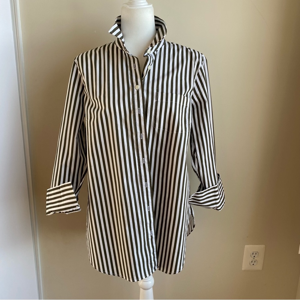 Talbots 100% Cotton Tunic Length Poplin Striped Collared Button Down Shirt M